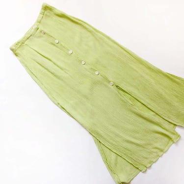 Vintage 2000s Soft Green Crinkle Bias Cut Button Front Skirt - Y2K Slit Midi Skirt - Tight Form Fitting 