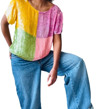 Vintage Christian Dior Boutique Colorblock Silk Sequin Shirt