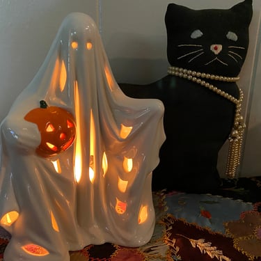 Vintage Ceramic Light Up Ghost, Halloween Decor, Ghost Holding JOL, Included Light Cord, 9" Tall 