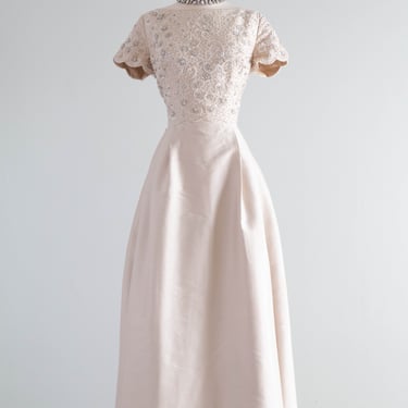 Elegant Early 1960's Oyster Silk Beaded Formal Gown By Dynasty / ML