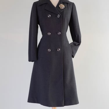 Elegant 1960's Charcoal Grey Wool Coat By Lorendale / Medium