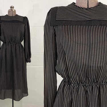 Vintage Pinstripe Dress Sheer Large Collar Black Brown Striped Long Sleeves Polka Dot 1980s 80s Large Medium 