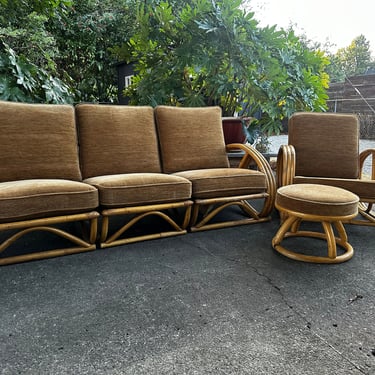 Mid Century Paul Frankl Style 5 Piece 3 Strand Pretzel Sofa, Lounge Chair & Ottoman 