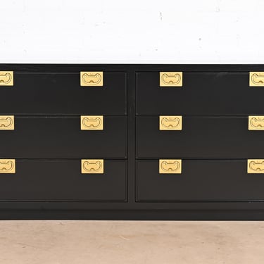 Henredon Hollywood Regency Campaign Black Lacquered Dresser, Newly Refinished