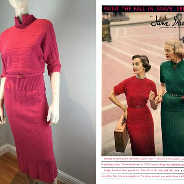Agnes & Penny Have a Powerful Punch - Vintage 1950s Bermuda Punch Pink Wool Knit Sweater Skirt Set - M 