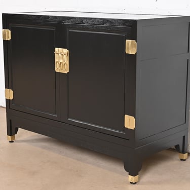 Michael Taylor for Baker Furniture Hollywood Regency Chinoiserie Black Lacquered Bar Cabinet, Newly Refinished