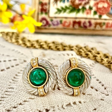 Vintage 90s Designer Style Earrings, Glass Emerald Cabochon, Clip On 