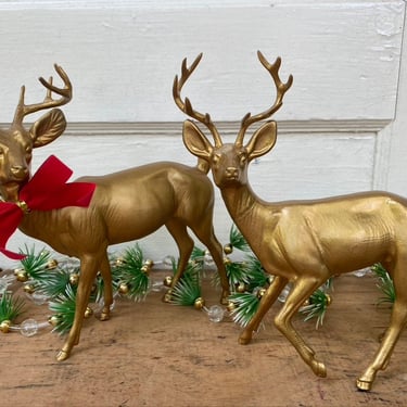 Vintage 70's Plastic Deer Pair, Buck And Young Buck, Gold Tone Plastic, Christmas Decor, Winter Woodland Scene, Hong Kong, Set Of 2 