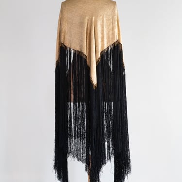 Exquisite 1920's Gold Lame’ and Black Fringe Evening Shawl / OS