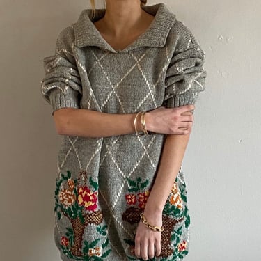 80s handknit collared sweater / vintage handknit gray rag wool flower basket intarsia windowpane trellis oversized collared sweater | L XL 