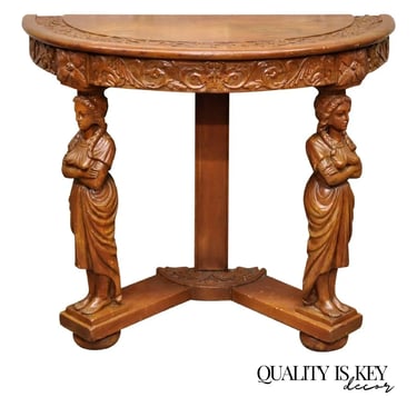 Italian Renaissance Carved Walnut Figural Half Round Demilune Console Table