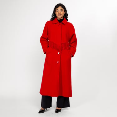 Medium 80s Woolrich Red Wool Fringe Overcoat | Vintage Western Button Up Long Winter Coat 