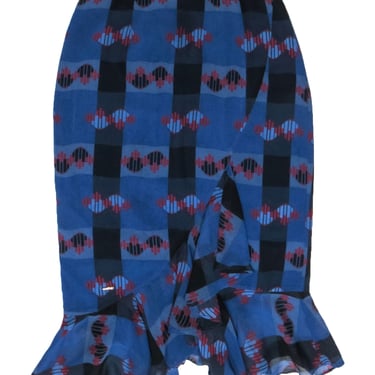 Ted Baker - Blue, Navy, & Red Print Ruffle Skirt Sz 2