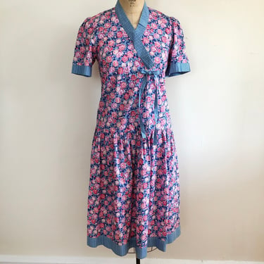 Pink and Blue Floral and Mixed Print Cotton Dress - 1980s 