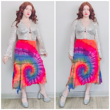 Y2K Cotton Tie Dye Rise Skirt / Vintage Tiered Rainbow Hip Hugger Hippie Skirt / Size Large - XL 