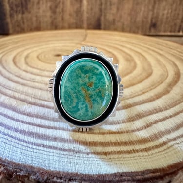 GREEN SHADOWBOX Skeets Silver & Turquoise Ring | Navajo Native American Southwestern Jewelry | Sterling Silver | Green Turquoise | Sz 6 1/2 