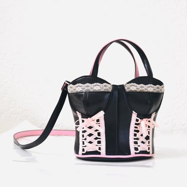 90s 2000s Y2k Black Corset Bustier Handbag Black Pink Corset Crossbody Purse Fashion Model  Pop art Bag Black Pink Faux Leather Vegan Bag 