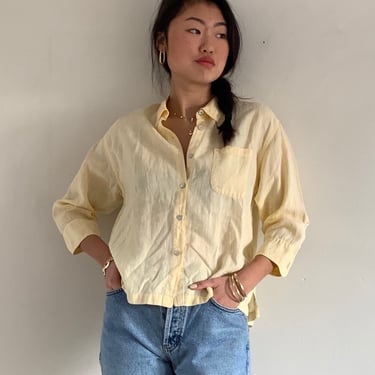 90s linen blouse / vintage buttercream  woven linen cropped boxy oversized pocket shirt blouse | Large 