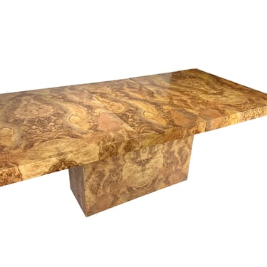 80s Modern Milo Baughman Style Faux Burl Monolithic Pedestal Dining Table With Leaf 