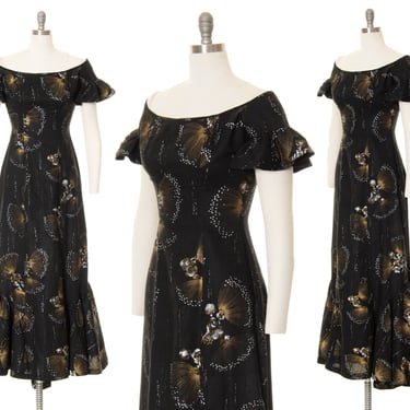 Vintage 1960s Maxi Dress | 60s Hawaiian Holomu'u Metallic Floral Cotton Black Mermaid Trumpet Skirt Tiki Wiggle Summer Gown (small) 
