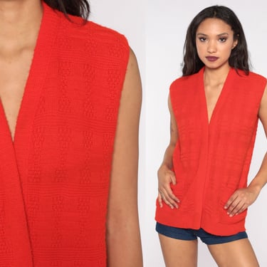 70s Knit Vest Top Red  Sleeveless Sweater Open Front Vest Top 1970s Retro Vintage Pocket Medium 