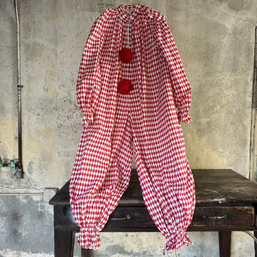 Vintage 1950s Red & White Checkerboard Print Clown Costume Jumpsuit Halloween