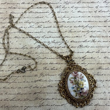 flower cameo necklace vintage romantic floral pendant and chain 