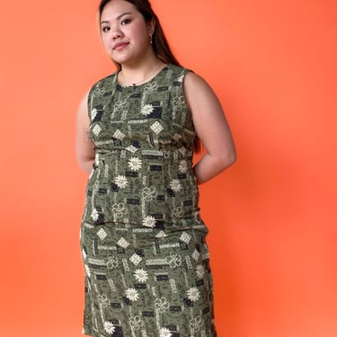 1990s Hunter Green Hawaiian Print Dress, sz. XL