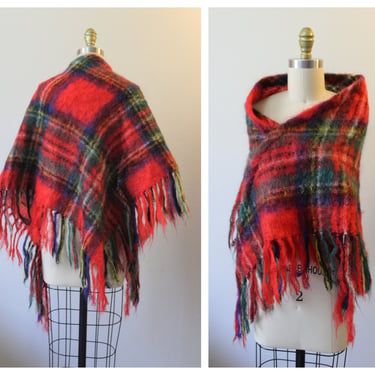 Vintage 1950's 60's Royal Scot Made in Great Britian RED Plaid Mohair wool fringe Shawl Wrap cape // One Size 