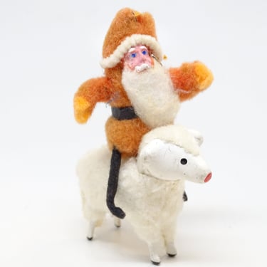 Antique Spun Cotton Santa riding Wooly Sheep,  Vintage Toy for Christmas Putz or Nativity, Retro Decor, Hand Painted Clay Face 