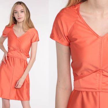 70s Babydoll Dress Orange 1970s Mod Mini Dress 70s Deep V Neck Dress Party Empire Waist Vintage Short Sleeve Plain Extra Small xs 