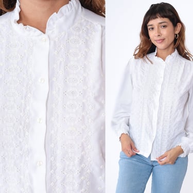 White Eyelet Blouse 80s Embroidered Button Up Puff Sleeve Top Victorian Lace Trim Feminine Bohemian Romantic Boho Vintage 1980s Medium 