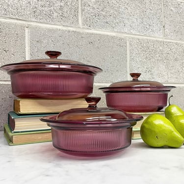 Vintage Visions Casserole Set with Lids Retro 1980s Pyrex + Corning + Ribbed + 6 Piece Set + Cranberry + Purple + Ovenware + Kitchen Decor 