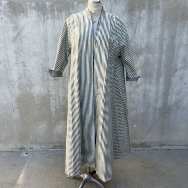 Vintage 1940s 1950s Blue And White Striped Cotton Duster Coat Reversible Grey