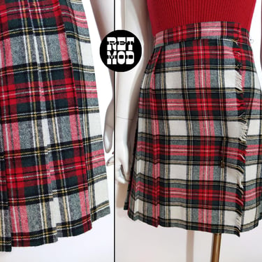 Iconic Vintage 60s 70s Red Green & White Plaid Pleated Wrap Style Mini Skirt with Pin 