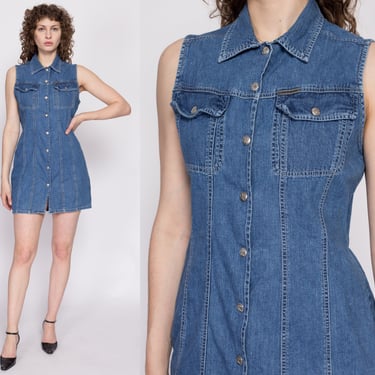 90s Calvin Klein Denim Mini Dress Medium | Vintage A Line Sleeveless Blue Jean Grunge Dress 