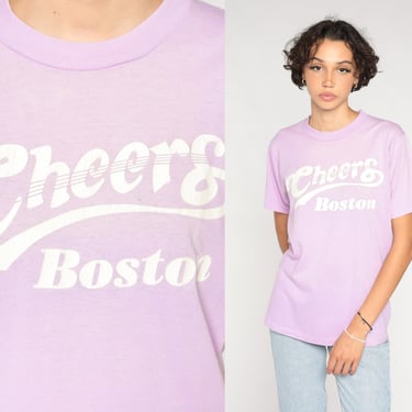 Vintage Cheers Shirt 80s Boston T-Shirt Restaurant Bar Graphic Tee Retro Nostalgic Massachusetts Lavender Single Stitch 1980s Small S 