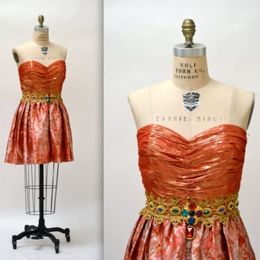 80s Vintage Metallic Prom Party Dress Size Medium By Eugene Alexander Orange and Gold// Vintage 80s Metallic Gold Strapless Dress Medium 