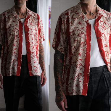 Vintage Avanti Hawaiian Red Clay & Ivory Silk Hibiscus Floral Loop Collar Shirt | 100% Silk | Size Large | 1990s Y2K Designer Aloha Shirt 