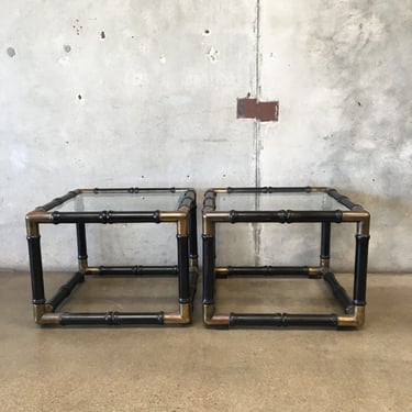 Pair Of Vintage Colony Side Tables- Wood, Brass, And Glass