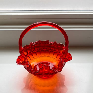 Fenton Ruffled Edge Thumprint Orange Glass Basket, Vintage Glassware, Amberina Persimmon Orange Fancy Glass Home Decor 