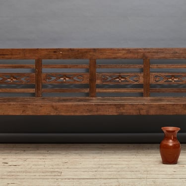 Slatted Seat Carved Back Dutch Colonial Teak Bench from Sumatra with Strong Arms and Legs