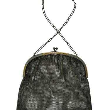 Vintage 1930s Blackened Charcoal Grey Chainmail Metal Mesh Gold Embossed Kiss Lock Handbag