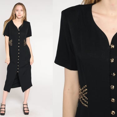 90s Grunge Dress Black Leopard Print Dress Midi Button Up Dress Vintage Short Sleeve 1990s Front Slit Simple Plain Small 6 Petite 