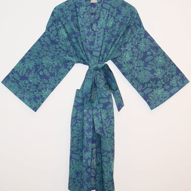 Hand Block Print Cotton Kimono Robe, Lightweight Cotton Bathrobe, Dressing Gown, Wood Block Print, Midi Length Robe, Navy Floral Kimono Robe 