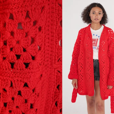 70s Crochet Afghan Cardigan Long Red Knit Sweater Sheer Open Weave Tie Front Cut Out Hippie Seventies Knitwear Vintage 1970s Extra Large xl 