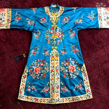 Exquisite Vintage Deep Turquoise Silk Hand Embroidered Chinese Robe / Coat Asian Textile Size Medium/ Small 
