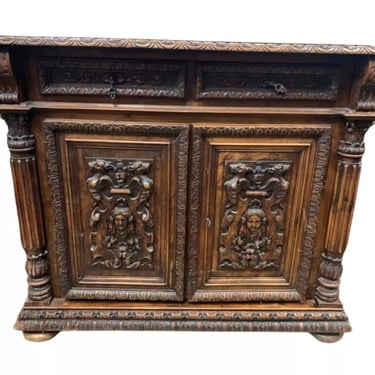 Antique Dresser, Server, Renaissance Style, Carved Wood, Drawers, 19th C, 1800s1