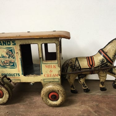 30's Antique Horse Drawn Wagon Tin Litho Wind Up Toy By Marx, Toyland's Farm Products Tin Toy Milk Wagon 