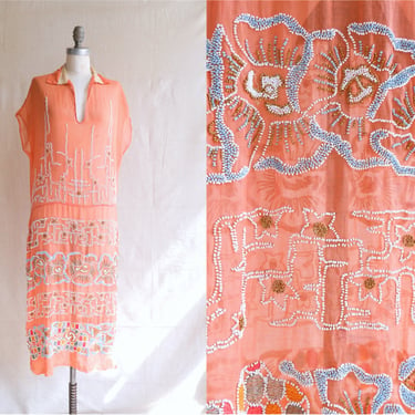 Vintage 20s Peach Deco Heavily Beaded and Embroidered Cotton Dress/ 1920s Egyptian Revival Drop Waist Dress/ Size Medium 
